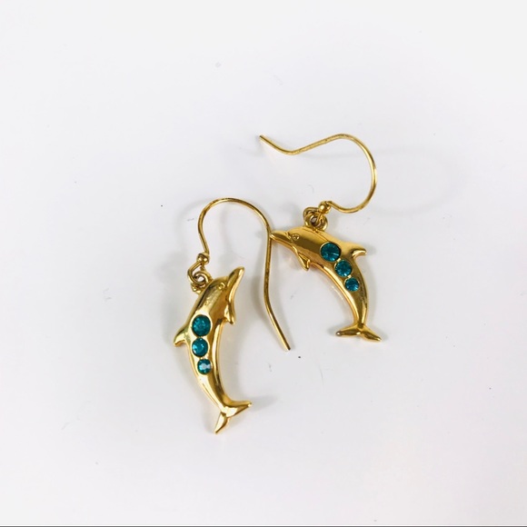 Gold Toned Dolphin Blue Stone Dangle Earrings - Picture 10 of 10